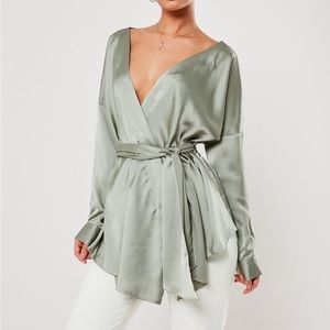 Missguided Green Satin Plunge Tie Waist Blouse